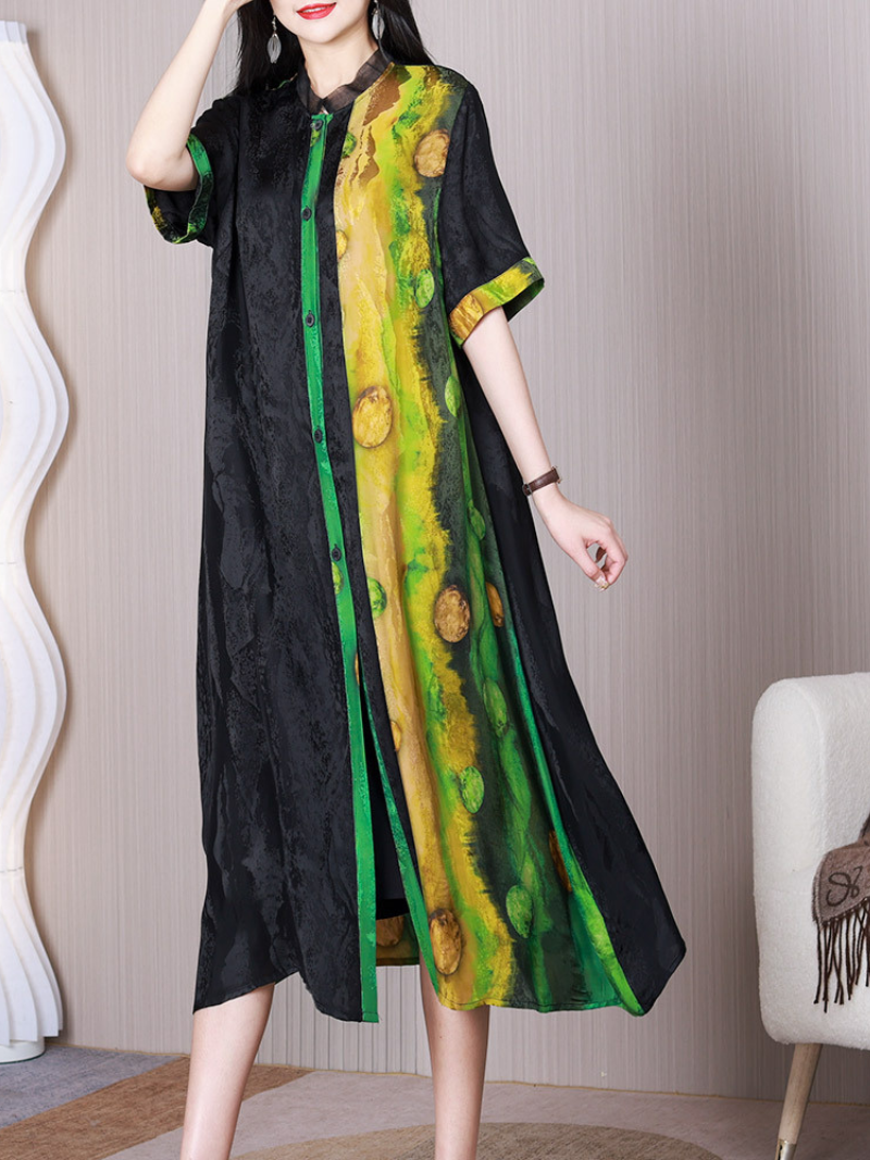 Abstract Print Stand Collar Short Sleeve A-Line Midi Dress 2