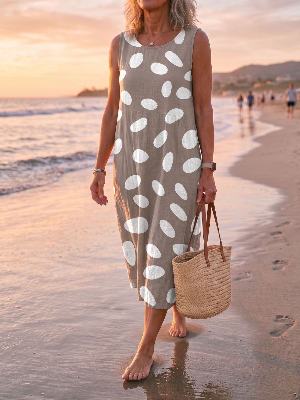 Polka Dot Scoop Neck Sleeveless Linen Midi Dress