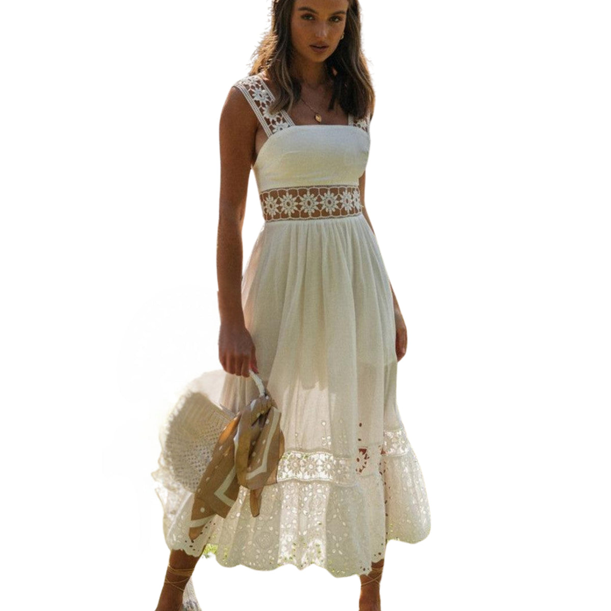 Square Neck Lace Strap Tiered Eyelet Embroidered Midi Dress - View 2