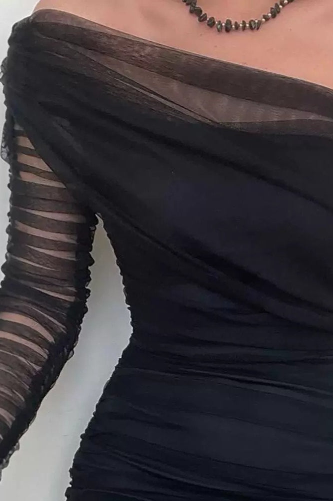 Mesh One Shoulder Long Sleeve Ruched Bodycon Mini Formal Dress - View 3