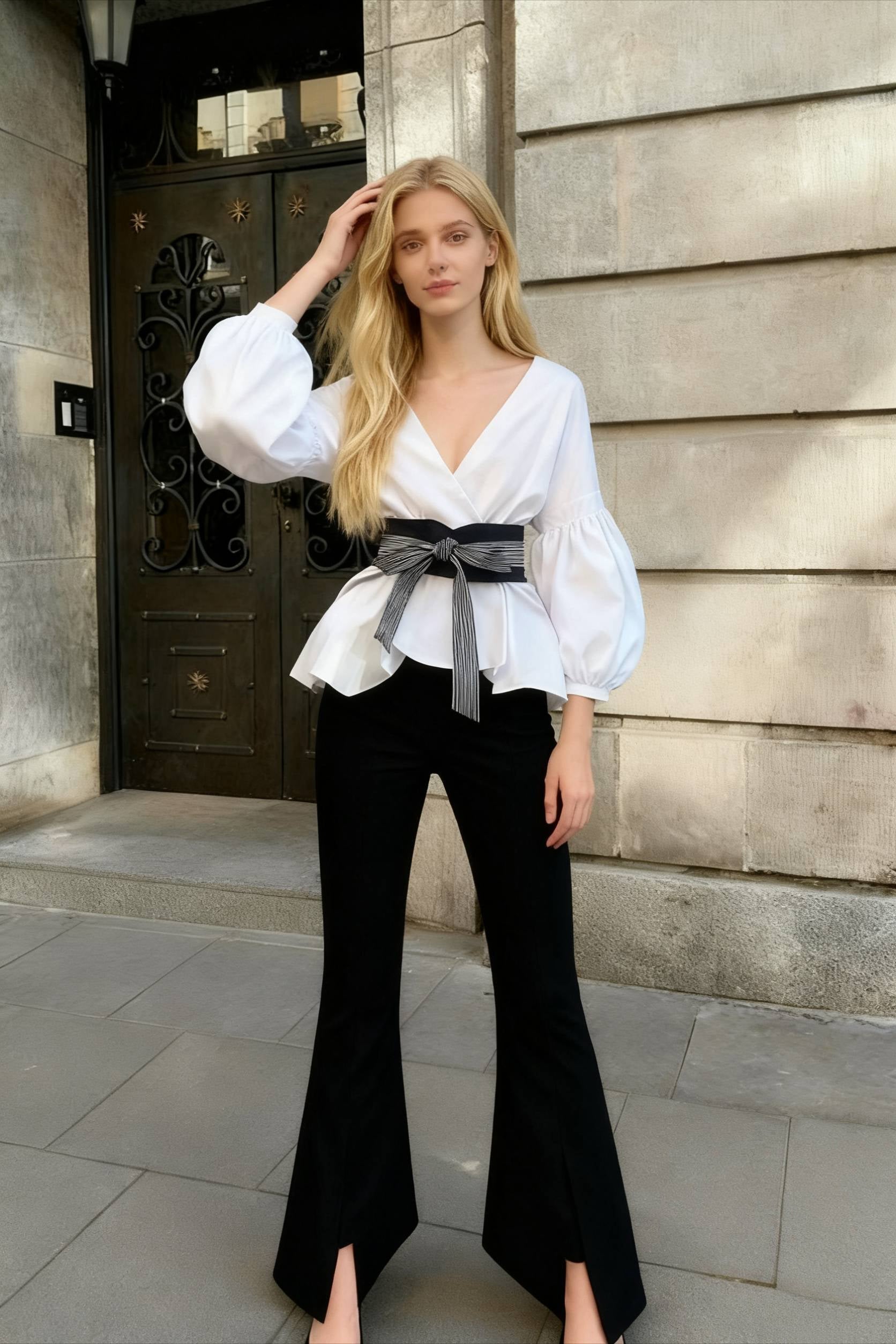 Spring Women's Bow Pants Lantern Flare Black + Striped Split Warm-Season Blouse Arm Arm Set - Fashionpara