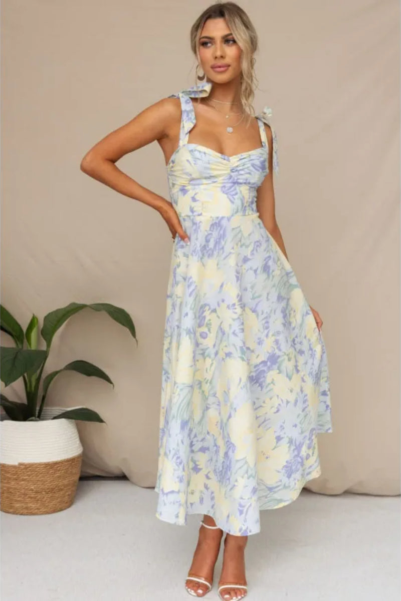 Floral Print Sweetheart Tie-Strap A-Line Midi Dress 2