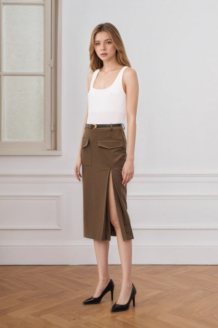 High Waist Split A-Line Midi Skirt