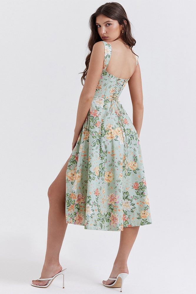 Floral Print Square Neck Corset Midi Dress