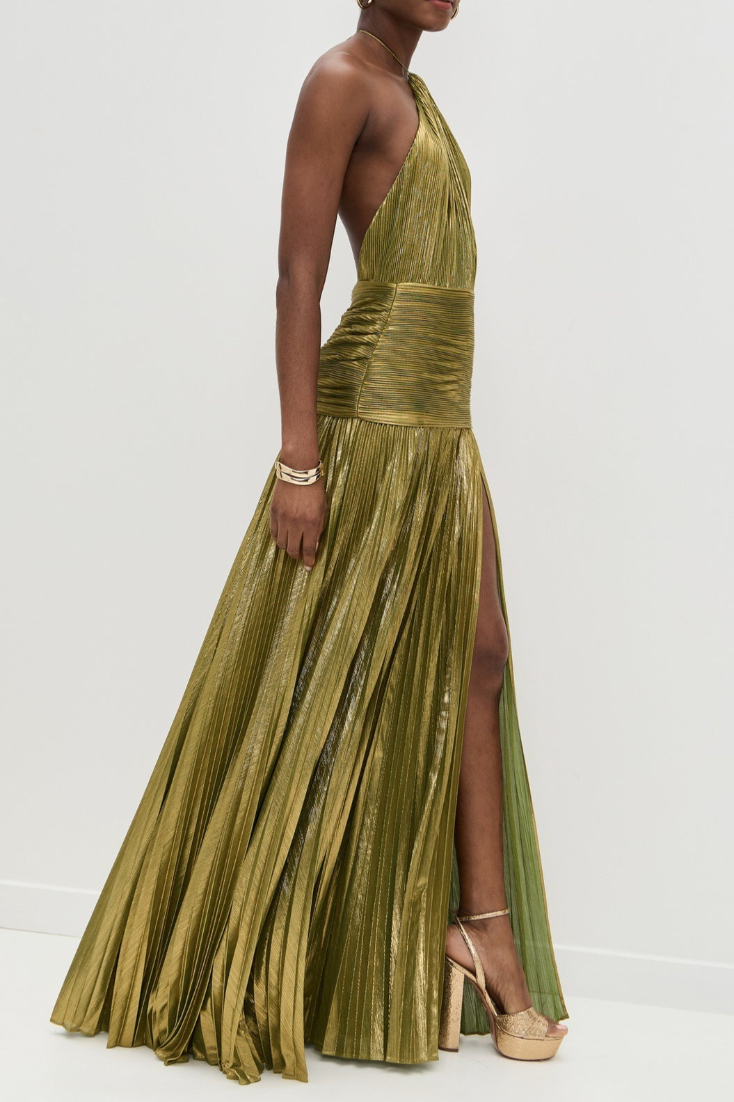 Metallic Pleated Halter Neck High Split Gown