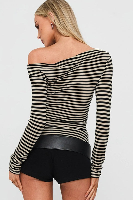 Color-Block Stripe Asymmetrical Neck Blouse