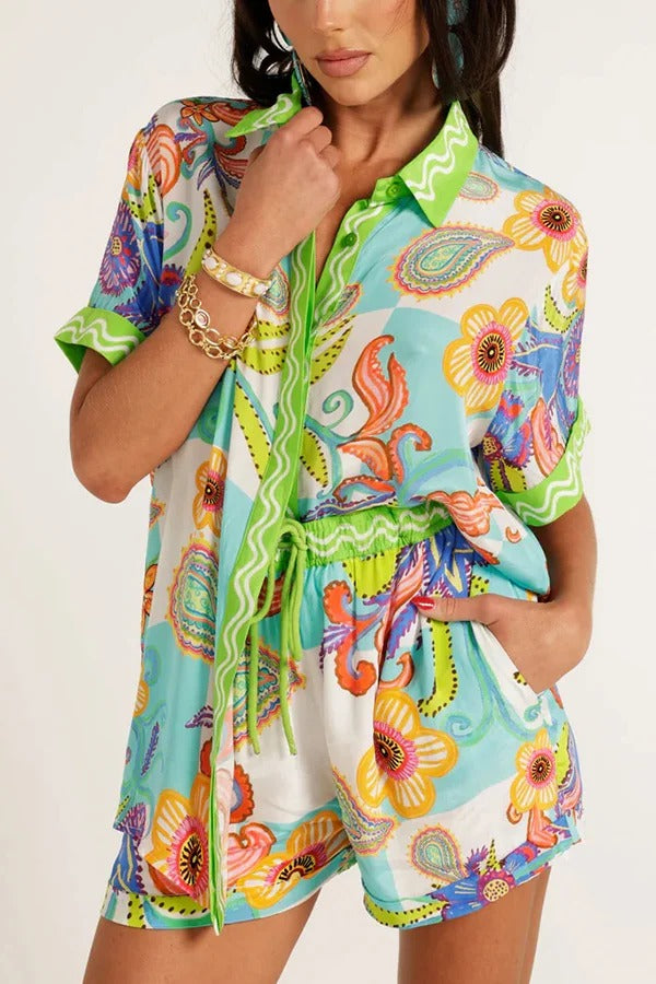 Unique Printed Short-sleeved Casual Loose Shirt and Elastic Waist Drawstring Pocket Shorts Set - Fashionpara