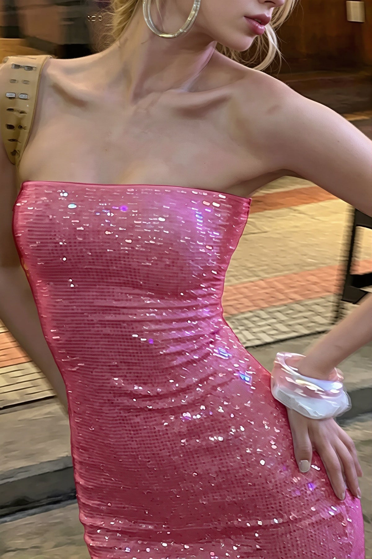 Iridescent Sequin Strapless Bodycon Dress