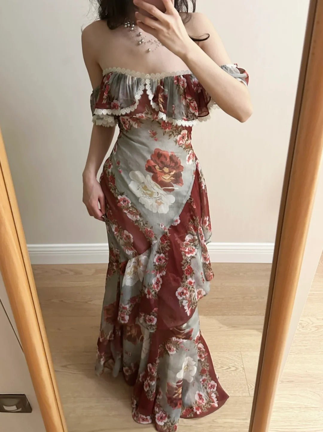 Retro Mermaid Print Ruffled Chiffon Long Prom Dress Evening Dress P4260