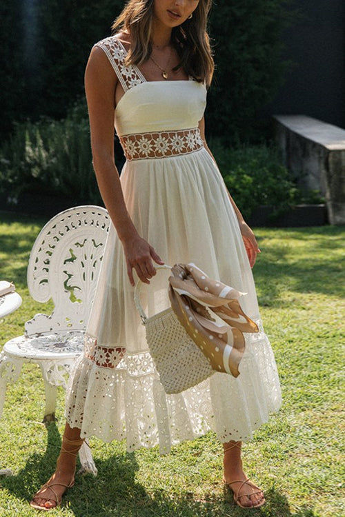 Square Neck Sleeveless Eyelet Lace Crochet Waist Midi Dress - View 3