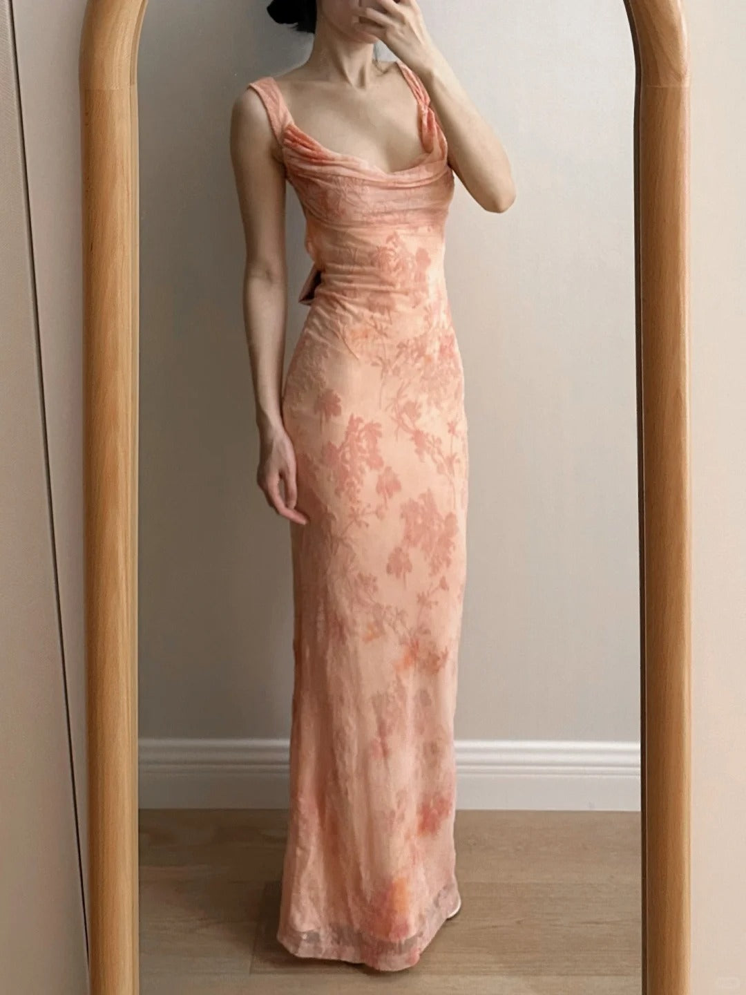 Sweet Pink Mermaid Backless Bow Print Chiffon Long Prom Dress Evening Dress P4261