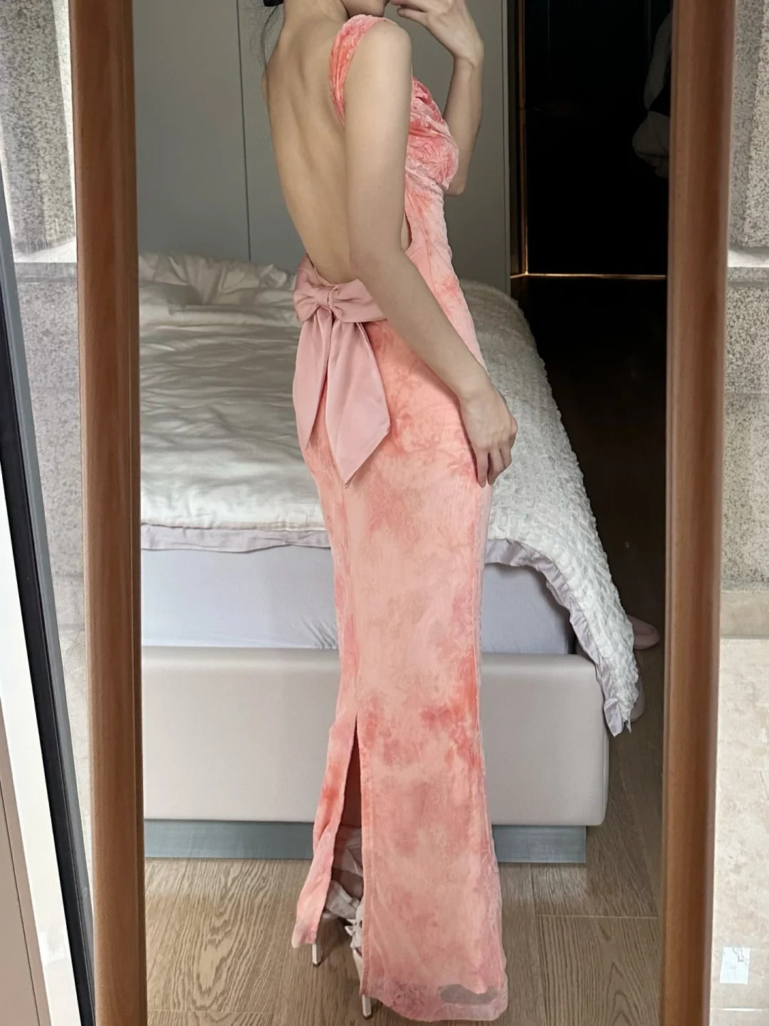 Sweet Pink Mermaid Backless Bow Print Chiffon Long Prom Dress Evening Dress P4261