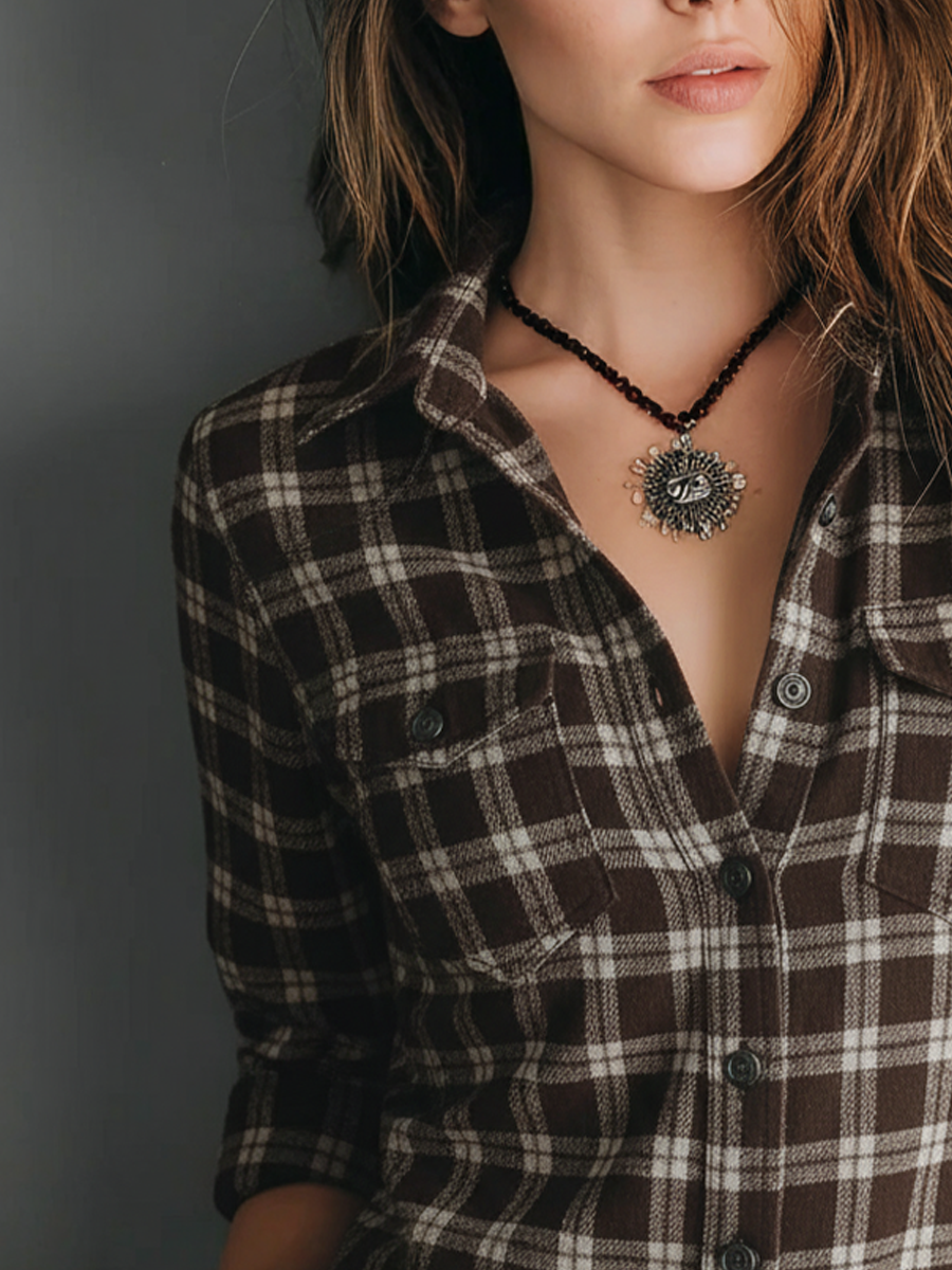 Retro Plaid Long-sleeved Blouse - Fashionpara