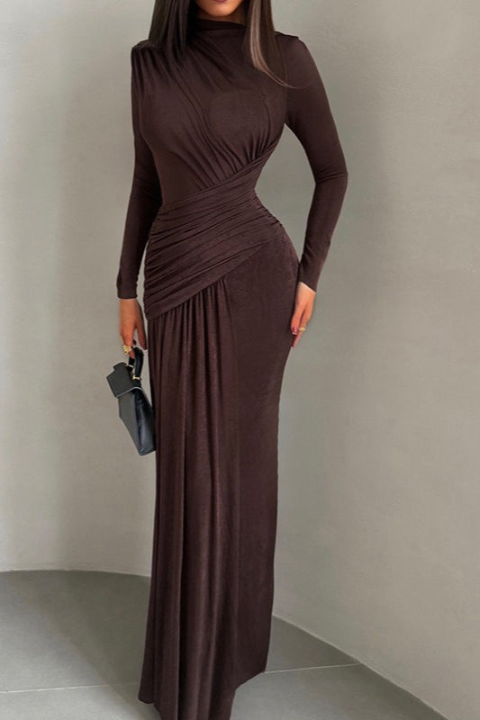 High Neck Long Sleeve Ruched Column Maxi Dress