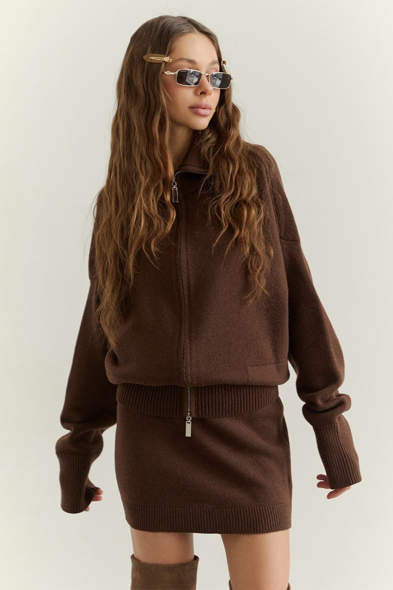 Zip High Neck Cardigan Mini Skirt Set