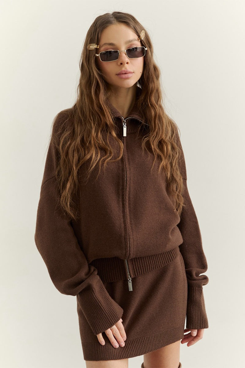 Zip High Neck Cardigan Mini Skirt Set