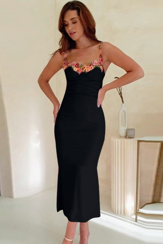 Floral Appliqué Sweetheart Lace-Up Corset Bodycon Dress