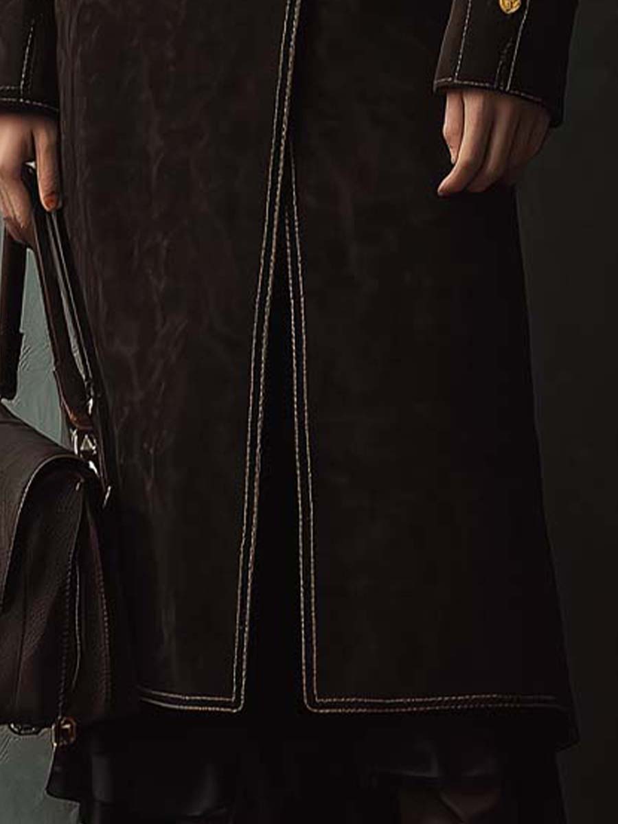 Vintage Dark Brown Eco-Suede Coat With Faux Fur Collar And Contrast Stitching - Fashionpara