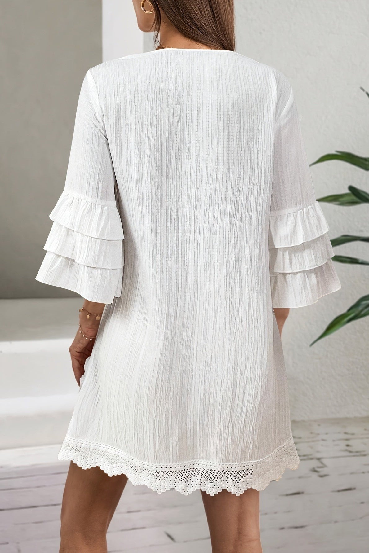 Embroidered Tassel Tiered Sleeve Mini Dress
