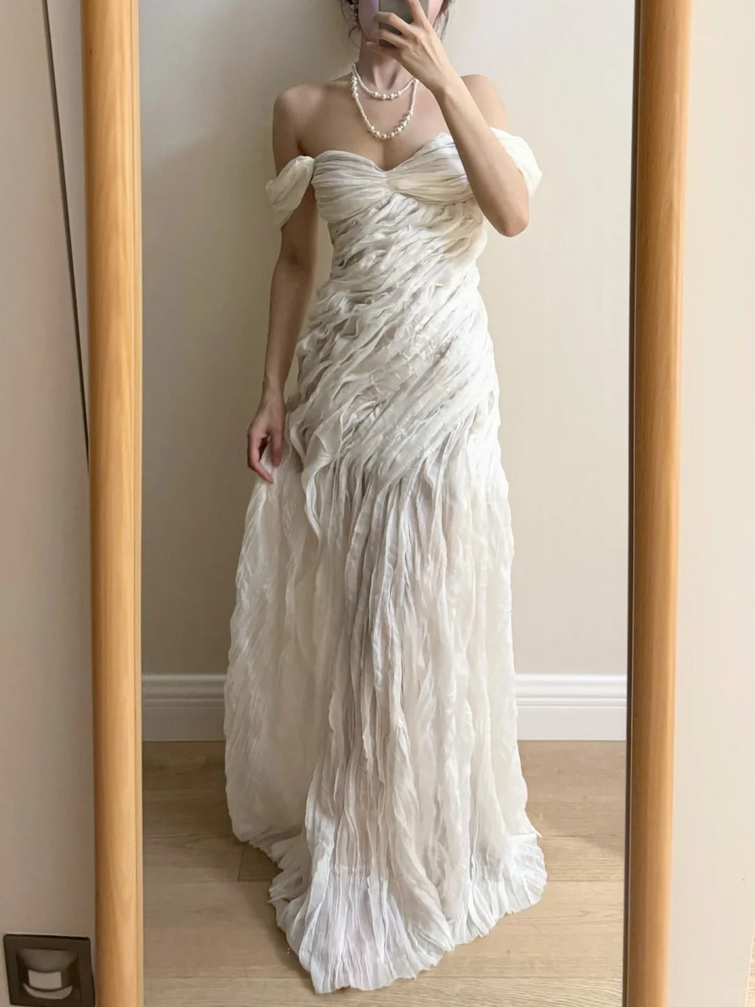 Elegant Ivory Pleated Satin Long Prom Dress Evening Dress P4264