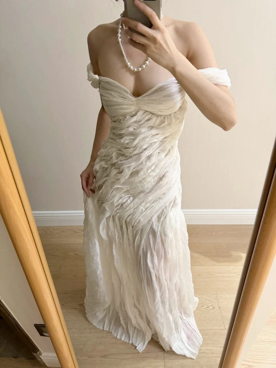 Elegant Ivory Pleated Satin Long Prom Dress Evening Dress P4264