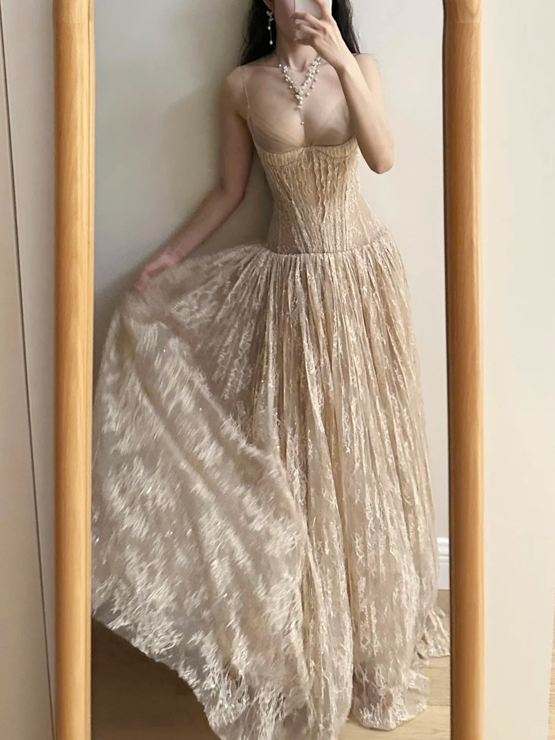 Elegant Nude Apricot A-line Deep V Halter Lace Long Prom Dress Evening Dress Bridesmaid Dress P4265