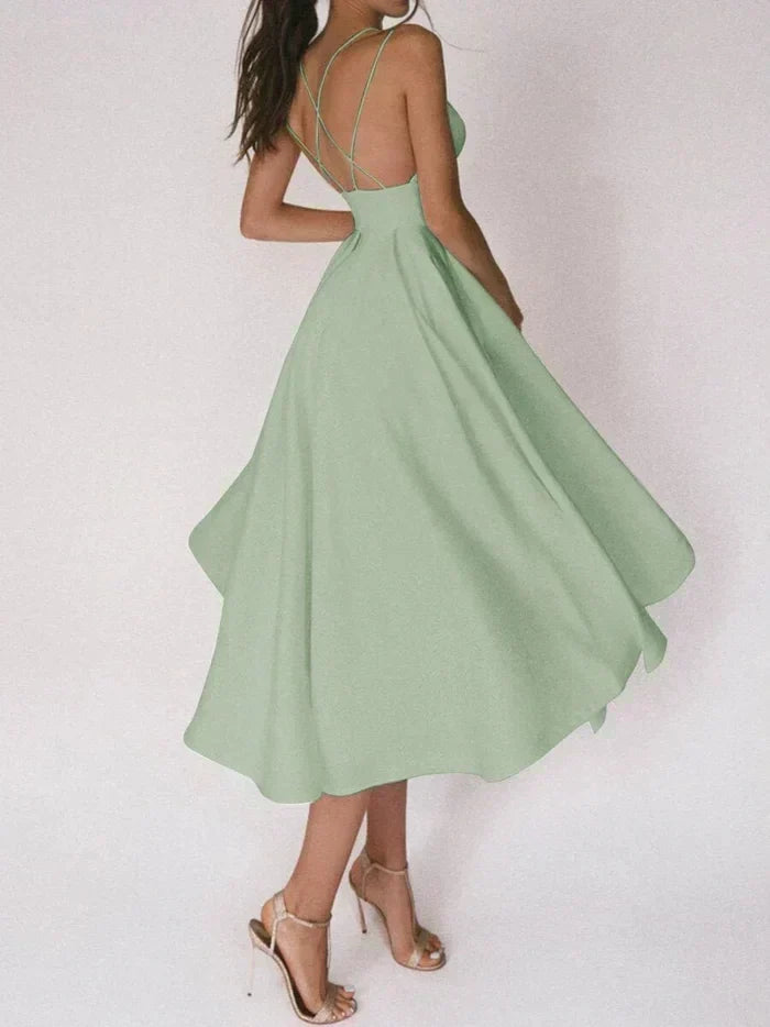 Double Strap Deep V-Neck Cinched Waist Midi Cocktail Dress - View 18