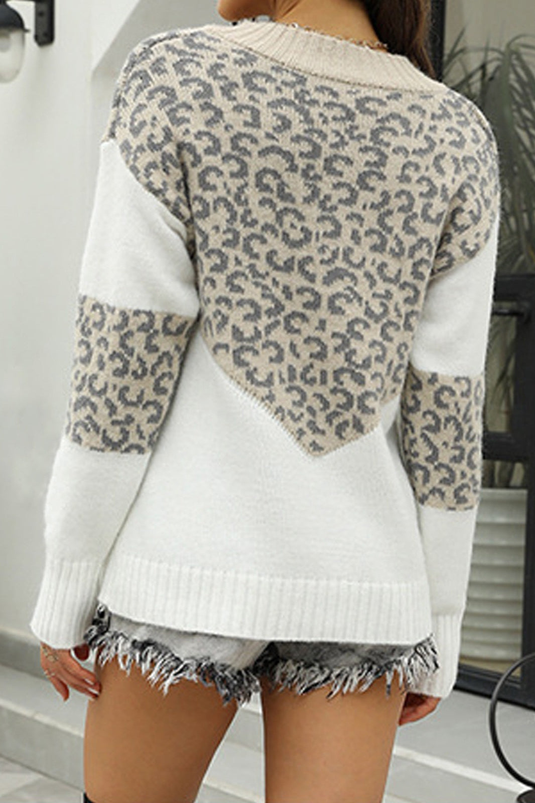 Leopard Color Block V Neck Sweater