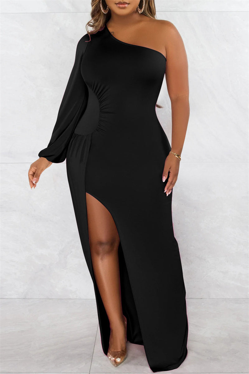 Sexy Formal Solid Backless Slit Oblique Collar Long Sleeve Dresses  Fashionpara