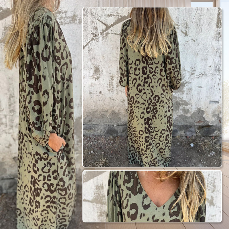 Leopard Print V-Neck Puff Sleeve Pocket Midi Dress 5