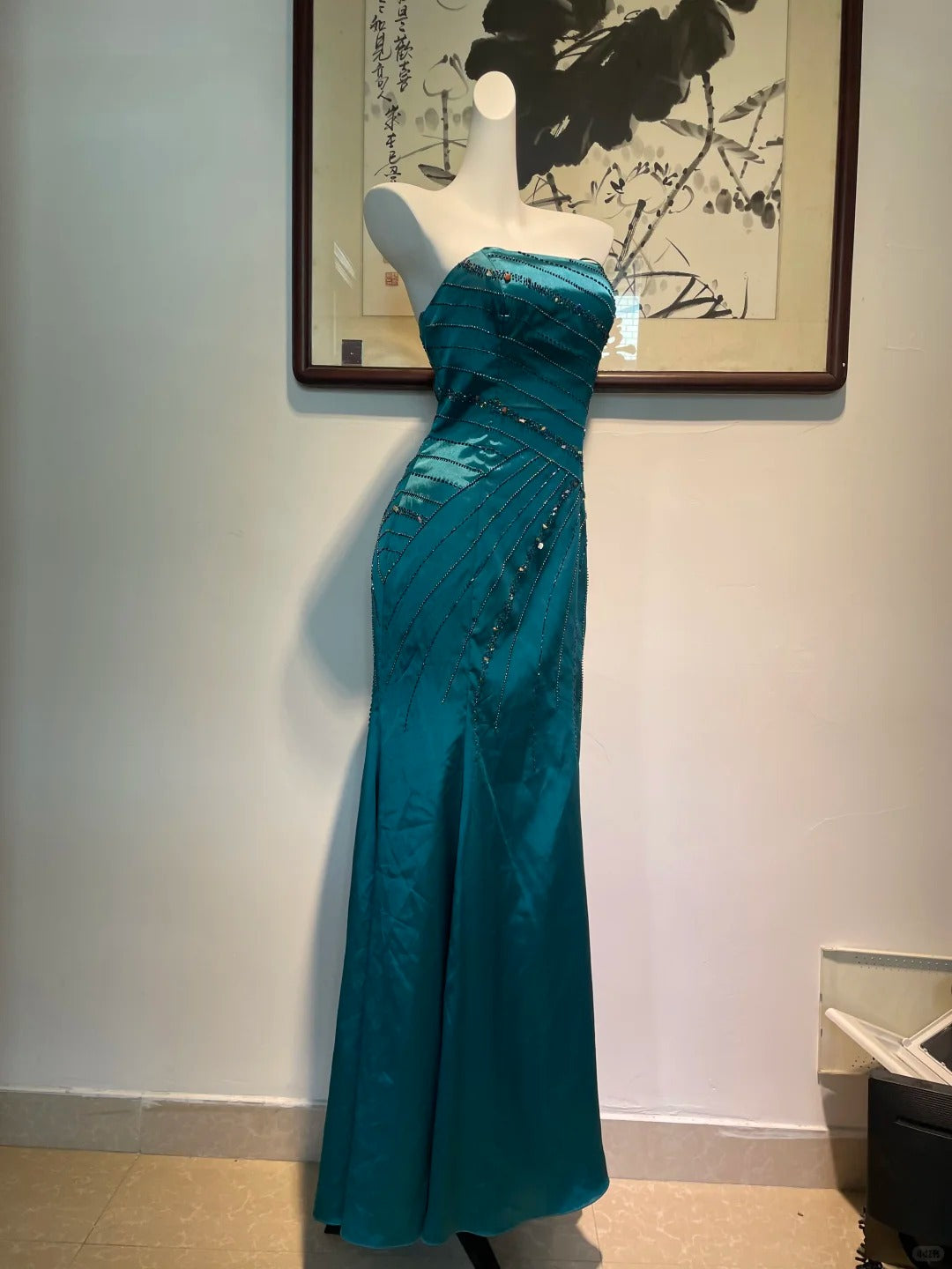 Vintage Peacock Blue Mermaid Strapless Beaded Satin Long Prom Dress Evening Dress P4268