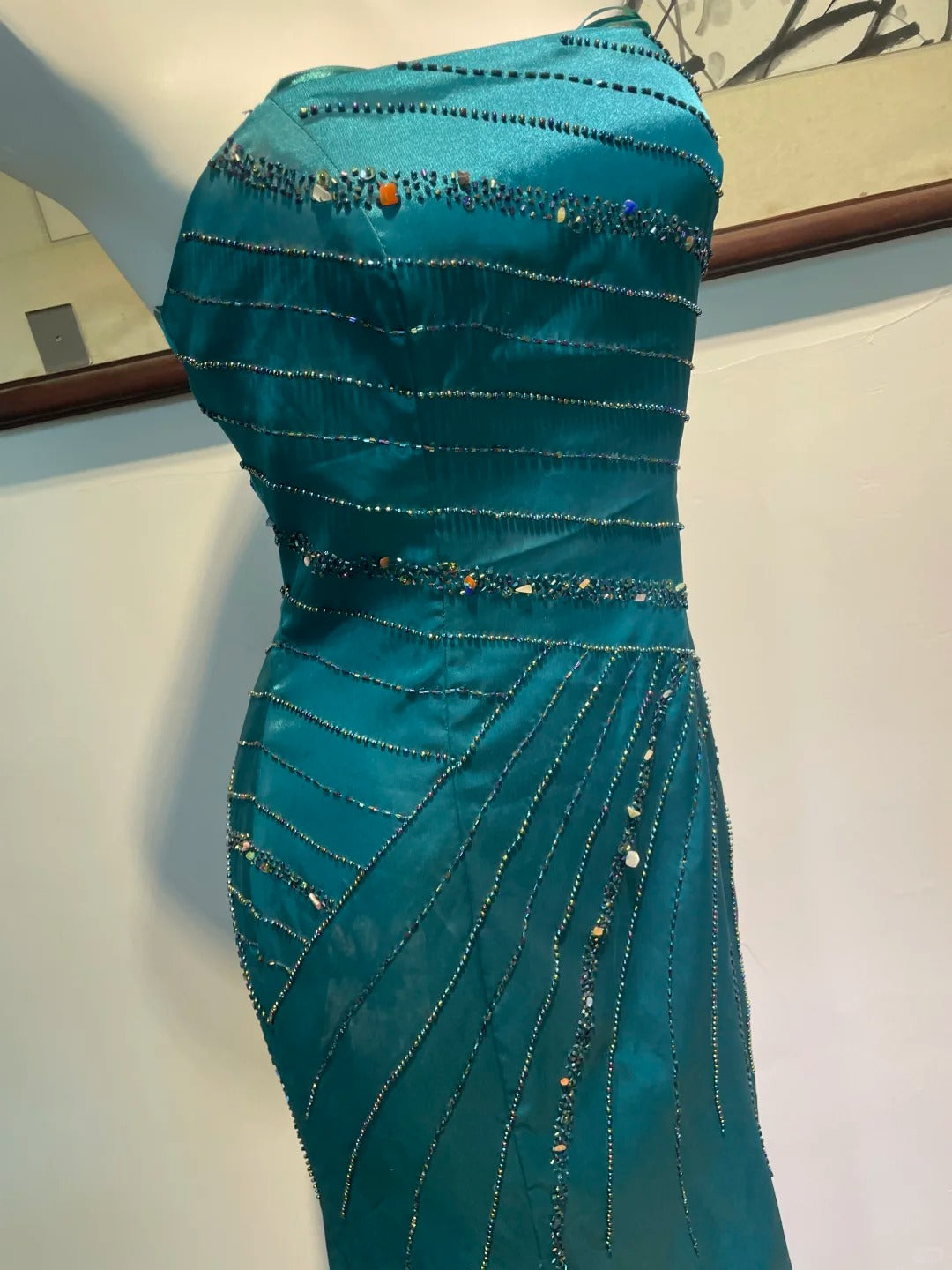 Vintage Peacock Blue Mermaid Strapless Beaded Satin Long Prom Dress Evening Dress P4268