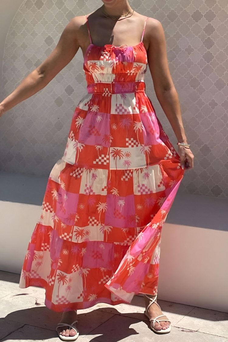 Resort Style Printed Suspender Pleated Loose Maxi Dress - Fashionpara