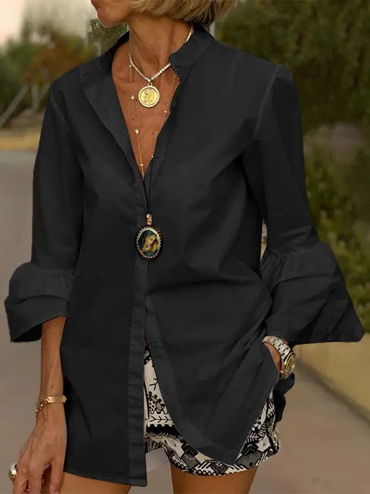 Flare Sleeve Solid Color V Neck Blouse