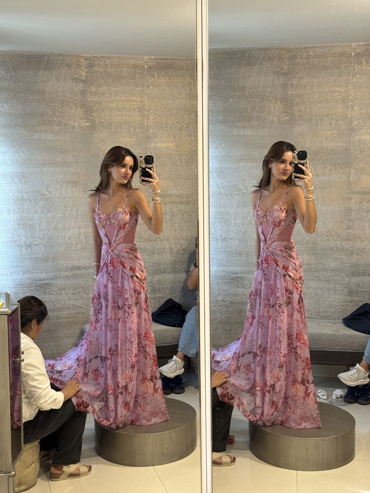 Pretty Spaghetti Straps Sweetheart Neck Chiffon Printed Floral Pleated Mermaid Evening Dress Long Prom Dress D992