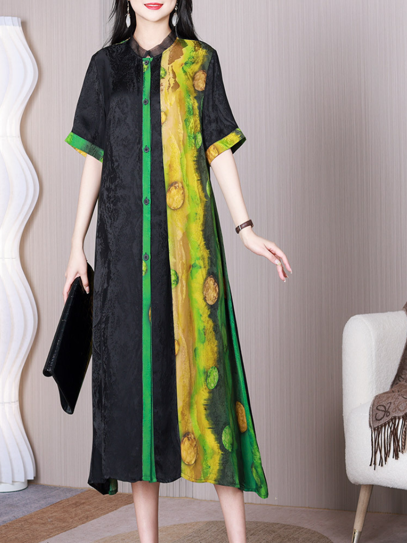 Abstract Print Stand Collar Short Sleeve A-Line Midi Dress 3