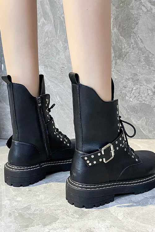Black PU Lace-up Combat Boots With Rivet