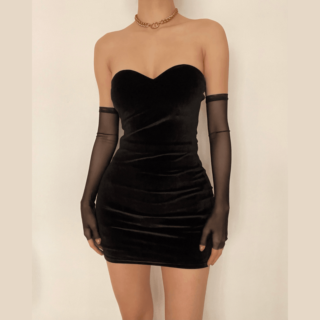 Velvet Strapless Sweetheart Bodycon Mini Dress and Mesh Gloves Set