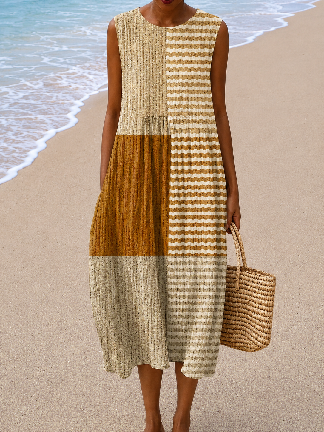 Color Block Striped Sleeveless Pocket Midi Dress