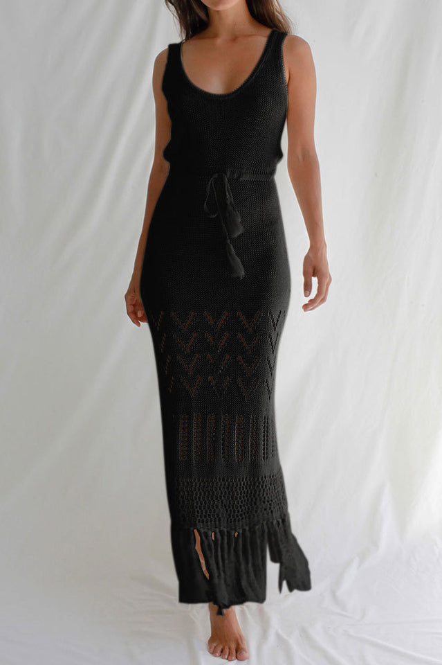 Tassel Hem Crochet Knit Cover Up Dress - Fashionpara