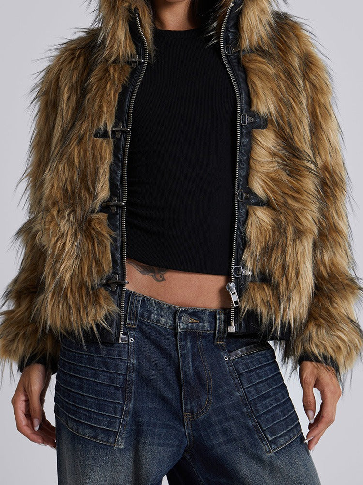 Metal Button Zipper Fur Leather Panel Loose Coat