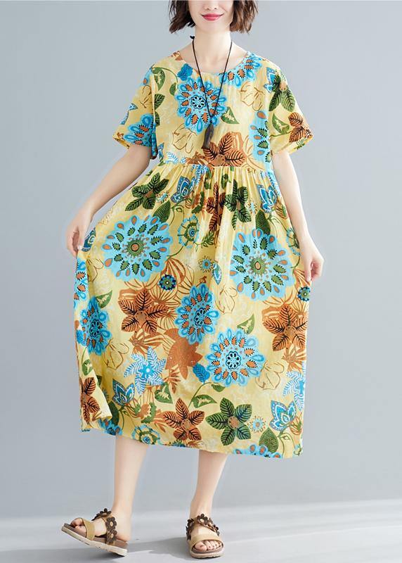 Floral Print Round Neck Short Sleeve Babydoll Gathered Midi Dress - View 2