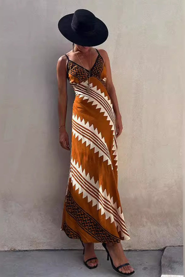 Geometric Print Spaghetti Strap V-Neck A-Line Dress