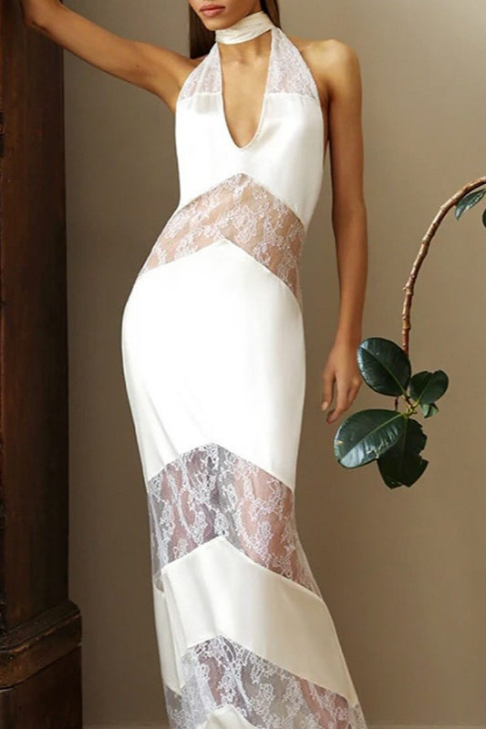 Halter Deep V-Neck Lace Panel Backless Mermaid Maxi Dress