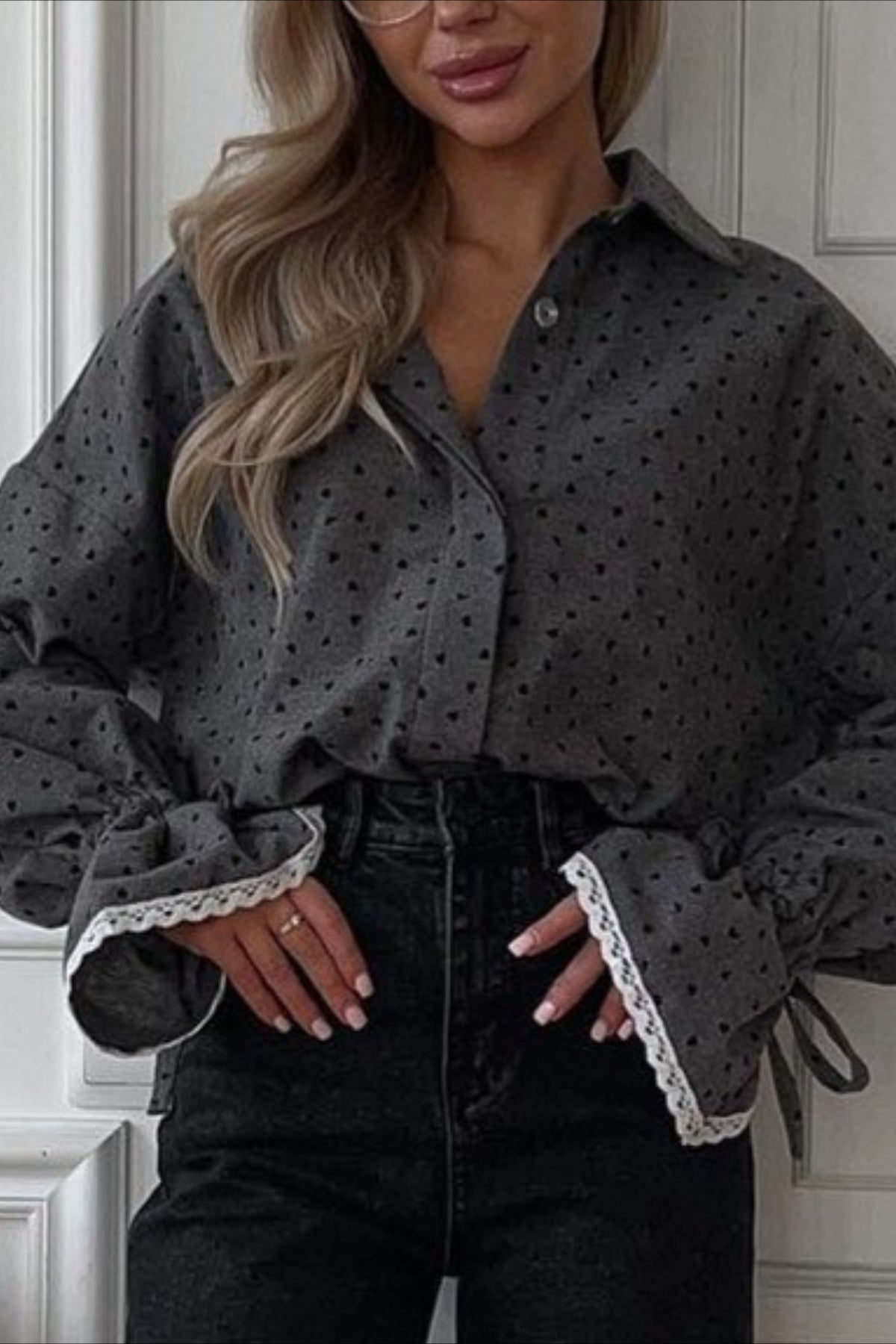 Polka Dot Lace Cuff Blouse - Fashionpara