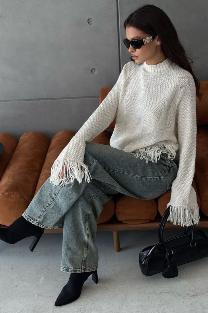 Fringe Round Neck Knit Asymmetric Blouse