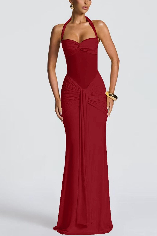 Halter Twist-Front Mesh Panel Ruched Mermaid Gown
