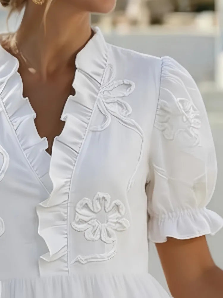 Textured Floral V-Neck Puff Sleeve Tiered Midi Dress 2
