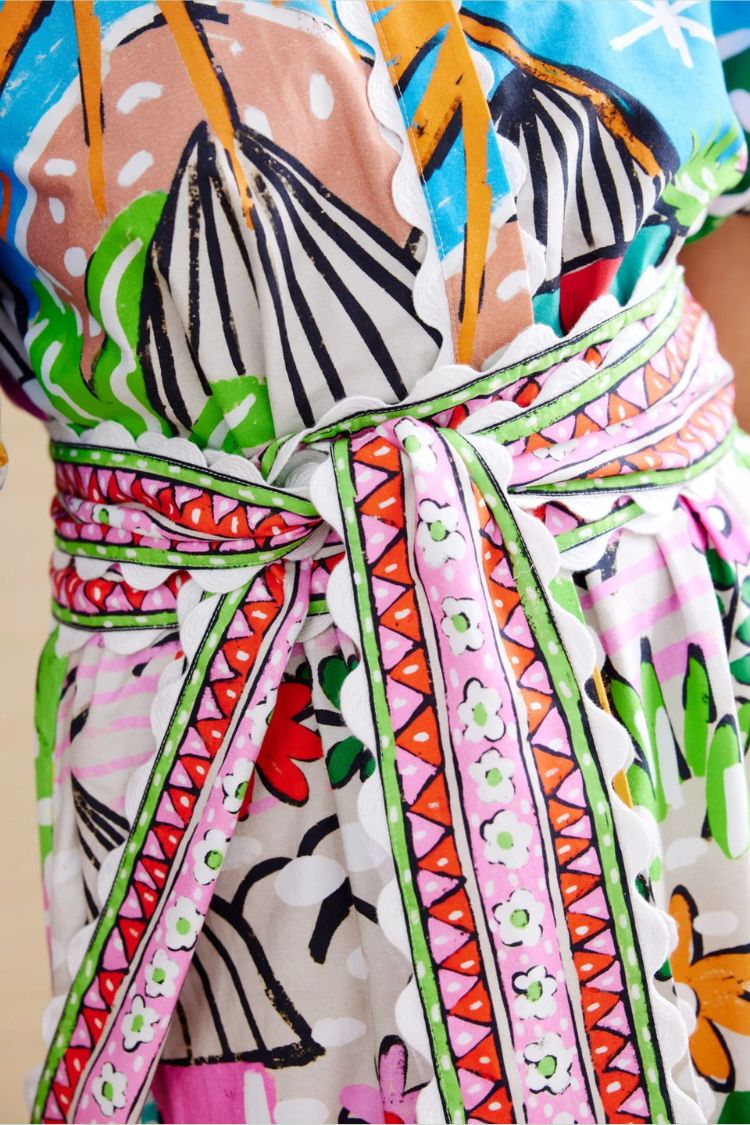 Daliah Unique Printed Wave Lace Puff Sleeves Loose Pocket Maxi Dress - Fashionpara