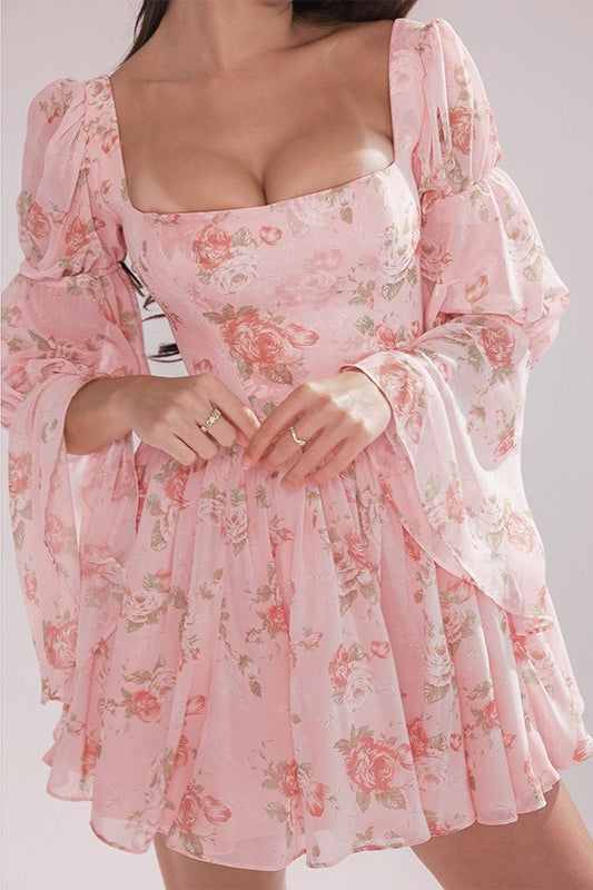 Floral Square Neck Bishop Sleeve Corset Flare Mini Dress 3
